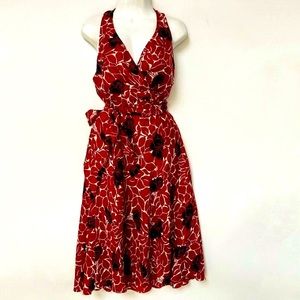 ANN TAYLOR 100% Silk Floral Halter Fit Flare Midi Dress Red White 2 petit